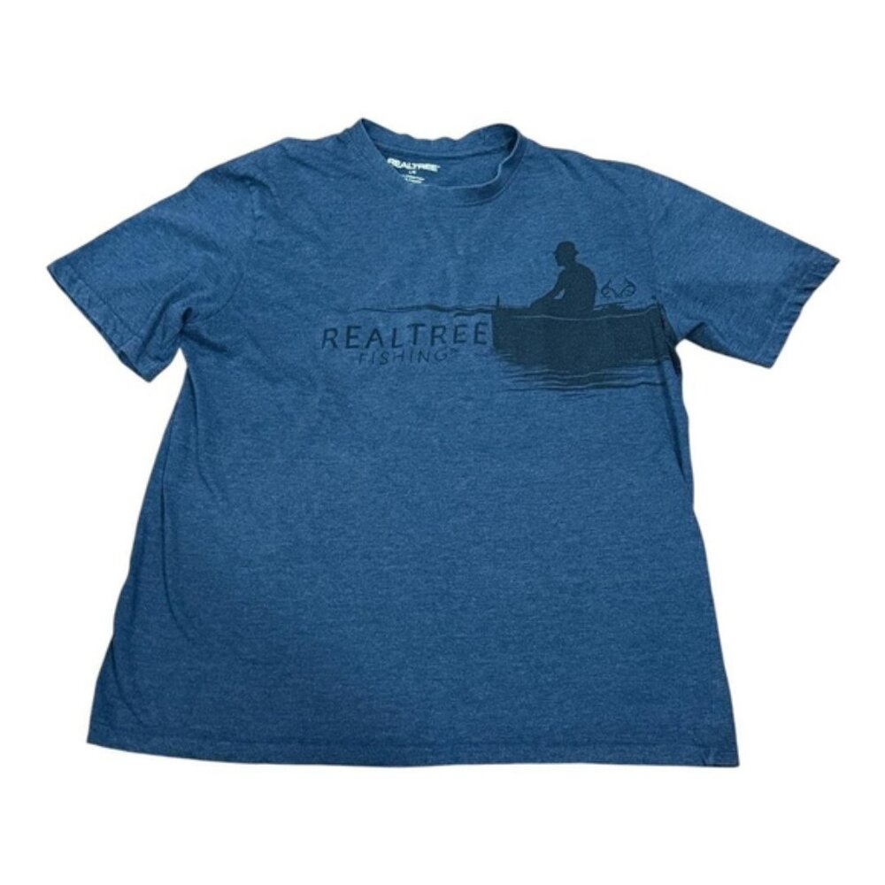 Realtree Fishing Shirt Mens Large Blue Heather Short Sleeve Graphic Boat Angler